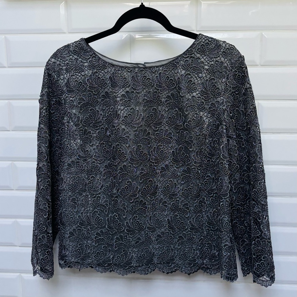 Women’s 16 Talbots Metallic Silver Lace 3/4 Sleeve Formal Blouse Top